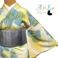 【i1078】着物 小紋 袷 正絹 黄 水色 対象身長～154cm 匿名配送