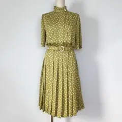 ライムグリーン レトロ ロングワンピース ドット ビンテージ 古着 オリーブ 緑