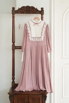 田園詩 前開き ロングワンピース 半袖 ピンクベージュ ストリート