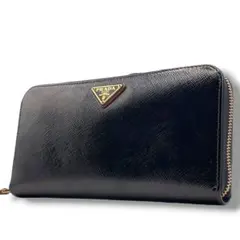 【美品】プラダ 長財布 ラウンドジップ サフィアーノレザー ブラック 三角ロゴ