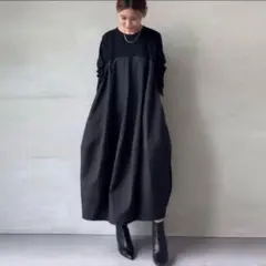 切替コクーンワンピースロング丈　黒　異素材ドッキング体型カバーバルーンワンピース