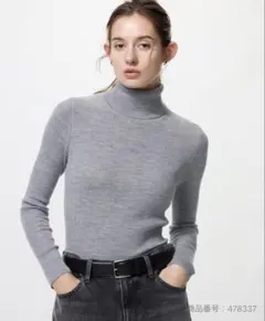 新品未使用　タグ付き　ユニクロ　メリノリブタートルネックセーター　M グレー