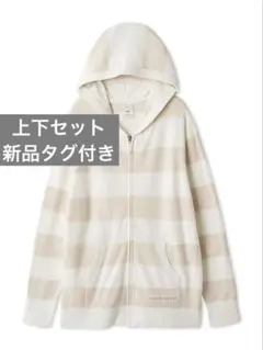 【ジェラートピケ】新品　ストライプフード付きジップアップパーカー　ショートパンツ