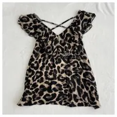 y2k 平成ギャル Ｖネック 背中クロス フリル ヒョウ柄 トップス