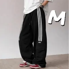 ワイドパンツ サイドライン ブラック ストリートファッション スウェットパンツ