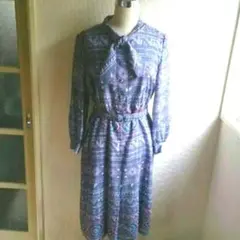 昭和レトロ古着 ボウタイ ラベンダー幾何学模様ワンピース