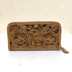 【職人魂】肉厚 カービング長財布 ラウンドファスナー 飴色エイジング