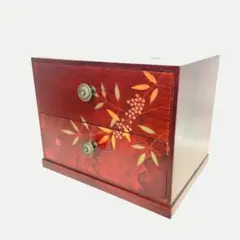 【和風・レトロ・アンティーク】木製小物入れ（2段・金具取手・柄入り）