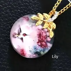 ✨ ハチドリ 花 ペンダント ピンク ラインストーン ゴールド