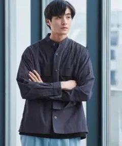 グリーンレーベルリラクシング　ノーカラー バンドカラー　スタンドカラーシャツ M