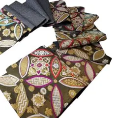 お得！美品【振袖帯】袋帯　黒×金　七宝　花菱　唐織　六通　455cm　成人式