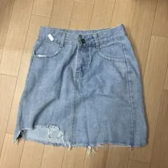 ライトブルー デニムミニスカート フリンジ加工