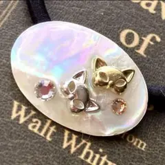 一点限り　ジャパンヴィンテージ　夜光貝ヘアゴム　2匹の猫の仮面　オーロラホワイト