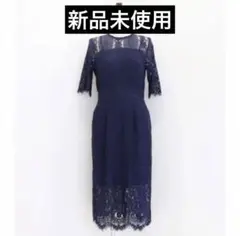 【新品未使用】BLUE EASTパネル柄レース袖付きパーティドレスネイビー