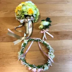 結婚式ブーケ、ブートニア、花かんむり三点セット