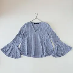 ZARA ザラ　ギンガムチェック　ブルー　トップス　フレア