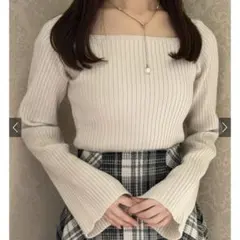 スクエアネックフレアスリーブリブニットトップス[ru1056] アイボリーGRL