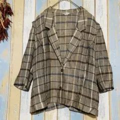 【IMAGINA 】テーラードジャケット　レトロ　チェック　薄生地　絹麻混合　F