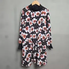 美品 ジュンコシマダ 花柄ブラウンチュニックワンピース ハイネック 上品