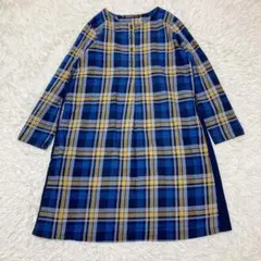 サニークラウズ LTサイズ 気さくな青いチェックの割烹着ワンピース