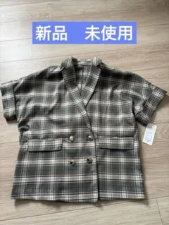 新品！RANAN 麻調ダブルボタン半袖ジャケット チェック柄 M オーバーサイズのサムネイル