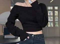 ワンショルダー クロップド丈 長袖トップス ブラック