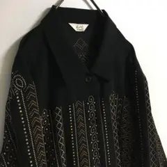 90s レトロ 幾何学模様 ドット柄 ポリシャツ 透け感 黒 長袖 古着女子