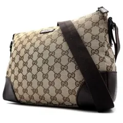 極美品 グッチ ショルダーバッグ GGキャンバス レザー ロゴプレート 茶