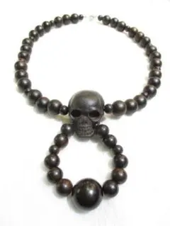 【髑髏(スカル)】一級職人手彫り【縞黒檀】特大３８ｍｍ【小数珠付き】ネックレス