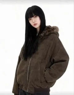 レオパード柄フード付きブラウンファージャンパー