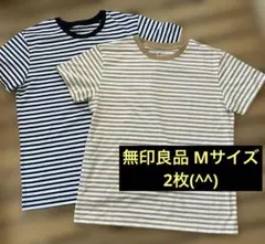 無印良品　天竺編みクルーネック半袖Tシャツ ボーダー マスタード ブラック2枚