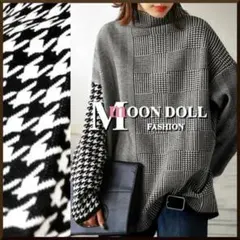 【～3L4L5L相当】千鳥格子×ヘリンボーンMIX切替ハイネックニットトップス