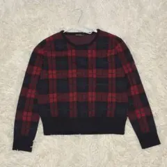 【23区】美品 ウール100% レッド×ネイビー チェック柄ニットセーター　S
