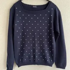 ネイビー ドット柄 長袖セーター　 ★ウール混