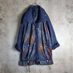 【ヴィンテージ】古着 ジャケット 切り替え 総柄 金ボタン 紺緑紫橙色 レトロ