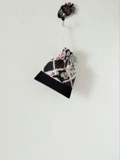 624きんちゃく袋マチなし　いちごギンガム水玉レースリボン　ハンドメイド