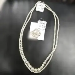 新品未使用ホワイトパール 2連ネックレス&ブローチ2点セット437