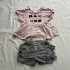 ♡KUMIKYOKU♡リボントップスとグレーフリルパンツセット　80