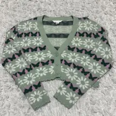 H&M カーディガン ミントグリーン バタフライ柄 蝶 花柄