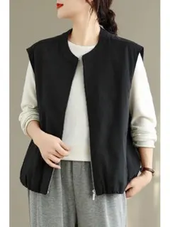 3色展開 シンプル 袖なし ゆったり 丸襟 ベスト アウター ジッパー 着痩せ