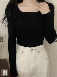 スクエアネックリブ編み長袖トップス（黒）