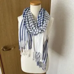 ストール ブルー ホワイト チェック ストライプ フリンジのサムネイル