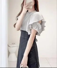 【mily bilet】ダブルフリル袖チェックレースドッキングワンピース