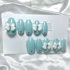 ブルー、リボンネイルチップ