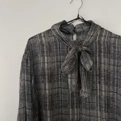 zara リボン付きチェック柄長袖ブラウス