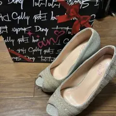 シルバー ビジュー付きオープントゥパンプス