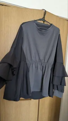 フリル袖 グレー ブラック トップス LL