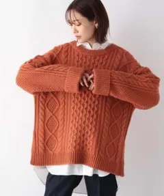 【グローバルワーク】ケーブルニット F オレンジ サイドスリット 袖折り返し