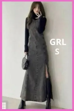 [GRL] デニムジャンパースカート　フロントジップ　　スリット　ブラック