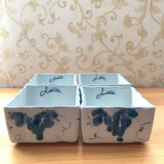 【4個セット】スクエア 小鉢 染付 葡萄柄 角鉢 和食器